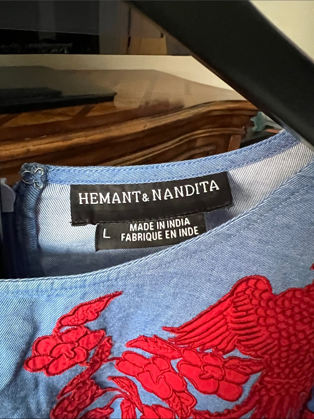 Hemant and Nandita Sky Blue Tunic with Red Embroidered Birds - Picture 3 of 5